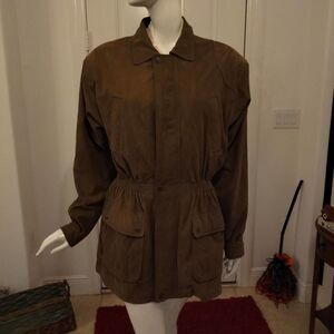 Vintage Safari Brown suede leather coat gather elastic waist woman size14.